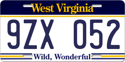 WV license plate 9ZX052