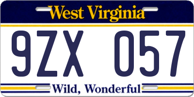WV license plate 9ZX057