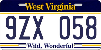 WV license plate 9ZX058