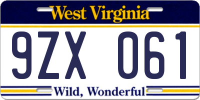 WV license plate 9ZX061
