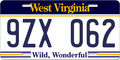 WV license plate 9ZX062
