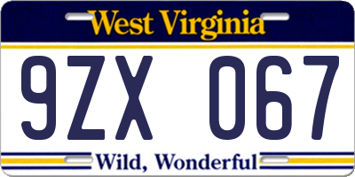 WV license plate 9ZX067