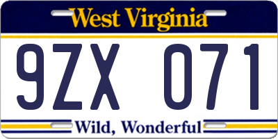 WV license plate 9ZX071