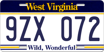 WV license plate 9ZX072
