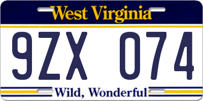 WV license plate 9ZX074