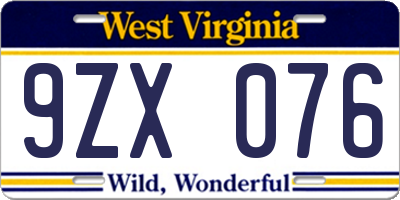 WV license plate 9ZX076