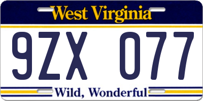 WV license plate 9ZX077