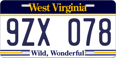 WV license plate 9ZX078