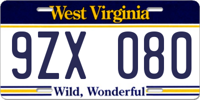 WV license plate 9ZX080
