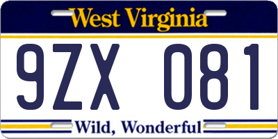 WV license plate 9ZX081