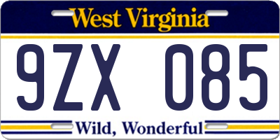 WV license plate 9ZX085