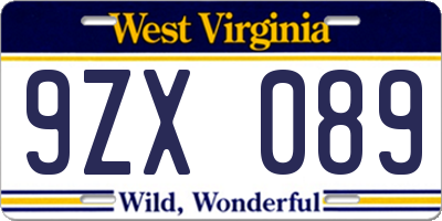 WV license plate 9ZX089