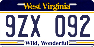 WV license plate 9ZX092