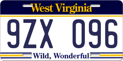 WV license plate 9ZX096