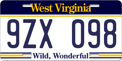 WV license plate 9ZX098