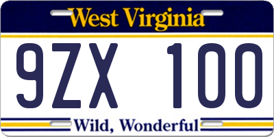 WV license plate 9ZX100