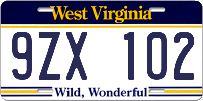 WV license plate 9ZX102