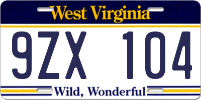 WV license plate 9ZX104