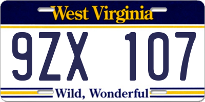 WV license plate 9ZX107