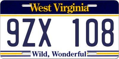 WV license plate 9ZX108