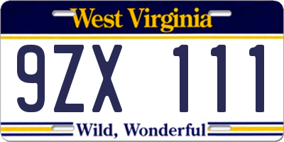 WV license plate 9ZX111