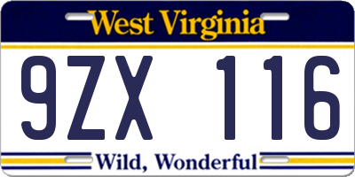 WV license plate 9ZX116