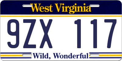WV license plate 9ZX117