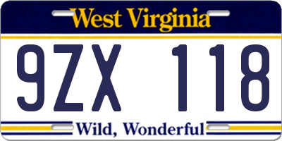 WV license plate 9ZX118