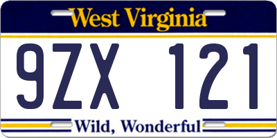 WV license plate 9ZX121