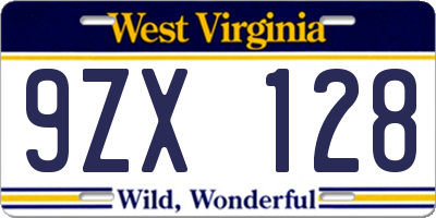 WV license plate 9ZX128