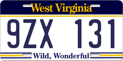 WV license plate 9ZX131