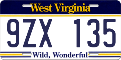 WV license plate 9ZX135