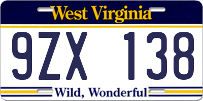 WV license plate 9ZX138