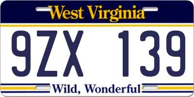 WV license plate 9ZX139