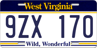 WV license plate 9ZX170