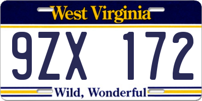 WV license plate 9ZX172