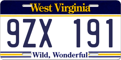 WV license plate 9ZX191