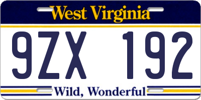 WV license plate 9ZX192