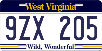 WV license plate 9ZX205
