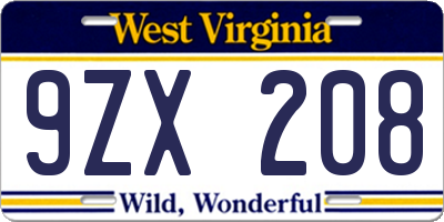 WV license plate 9ZX208