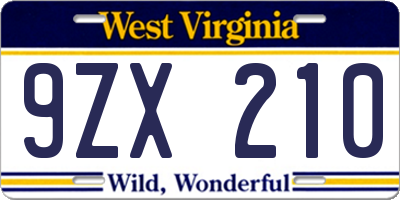 WV license plate 9ZX210