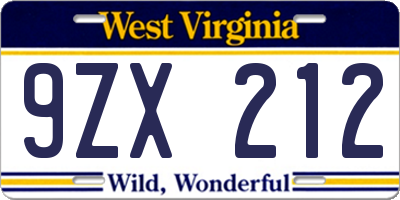 WV license plate 9ZX212