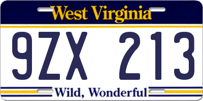 WV license plate 9ZX213