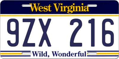 WV license plate 9ZX216