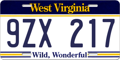WV license plate 9ZX217