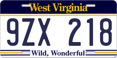 WV license plate 9ZX218