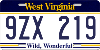 WV license plate 9ZX219