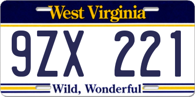WV license plate 9ZX221