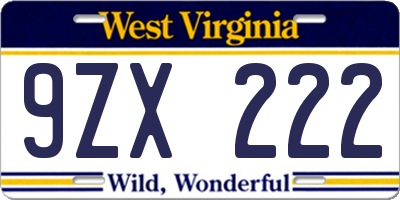 WV license plate 9ZX222