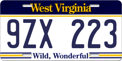 WV license plate 9ZX223